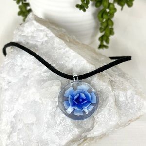 Blue Flower Glass Pendant Necklace
